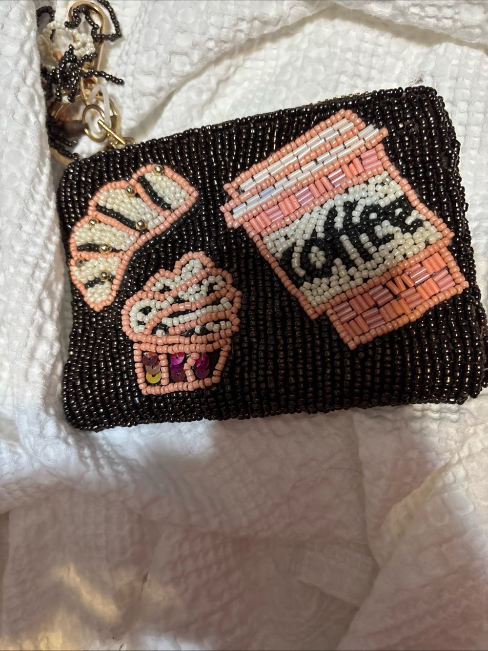Sincerly Jules Brown Beaded Wallet with Fall Pink and Cream Pastry Motifs